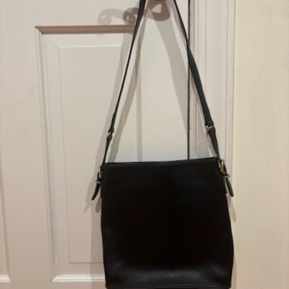 Vintage Coach Black Equestrian Bag with Long Strap, Gold Hardware, and Bag Tag - Picture 2 of 14